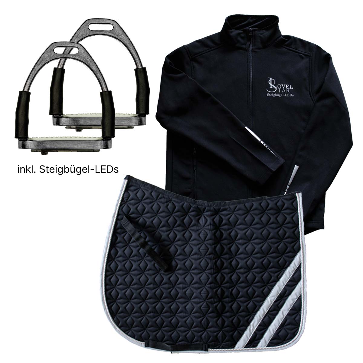 Visible Set 3: Safety-Flex Stirrups + LEDs Pro | Reflex saddle pad | Reflective jacket