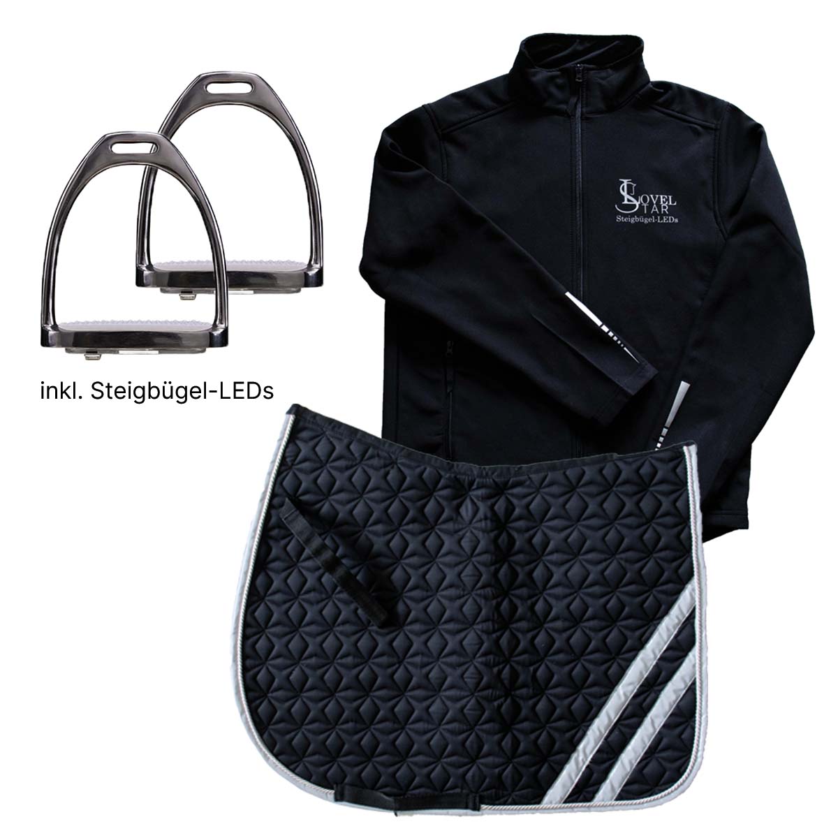 Visible Set 2: Steigbügel + LEDs Pro | Reflektor Schabracke | Reflektor Jacke